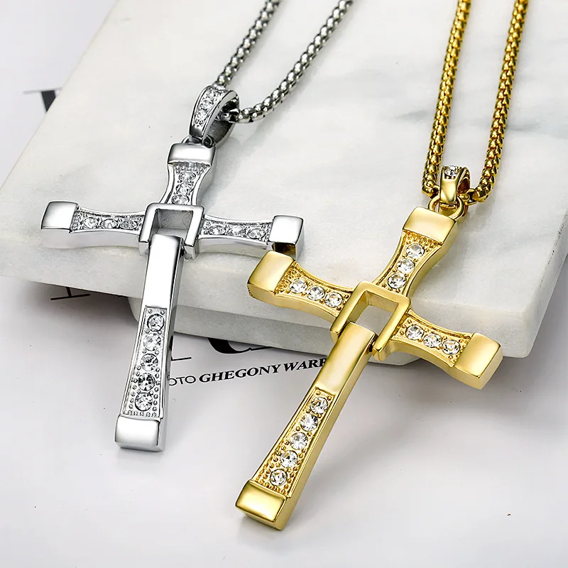 316L stainless steel Fast and Furious Movies Actor Dominic Toretto Rhinestone Cross Crystal Pendant Chain Necklace Men Jewelry