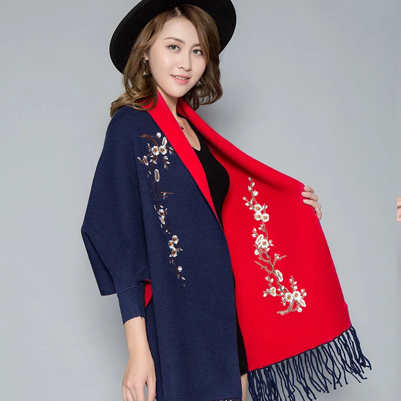 

Women New Cashmere Tippet Double-sided Fringed Flower Embroidery Pashmina Lady Autumn Winter with Sleeve Ponchos And Capes