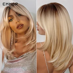 Emmor Ombre Brown to Blonde Wigs Natural Soft Layered Blond Hair Wig for Women Cosplay Synthetic Wigs High Temperature Fiber