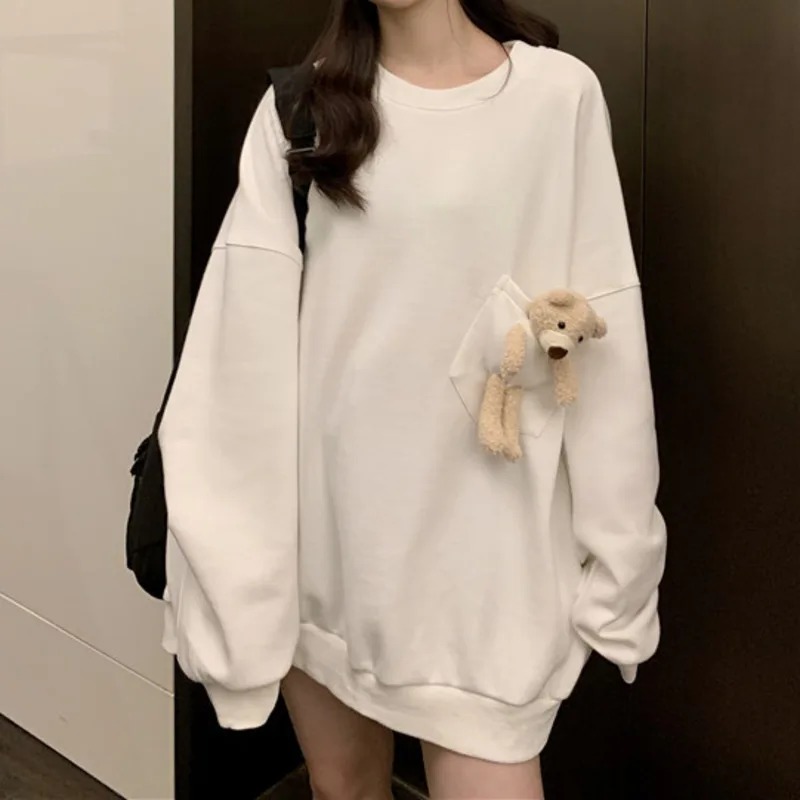 2024 Spring New Women Harajuku Kawaii Hoodie Soft Pullover Sweatshirt With Pocket Plush Bear Solid Outwear Oversize Casual Hoody