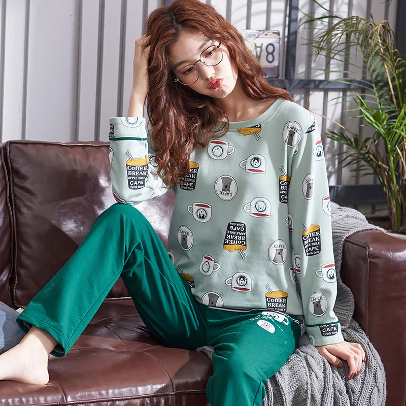 Foply Women Pajamas Set Long-sleeved 100% CottonTops with Long Trousers Cartoon Printed Home Pijama Mujer Female Pajama Set