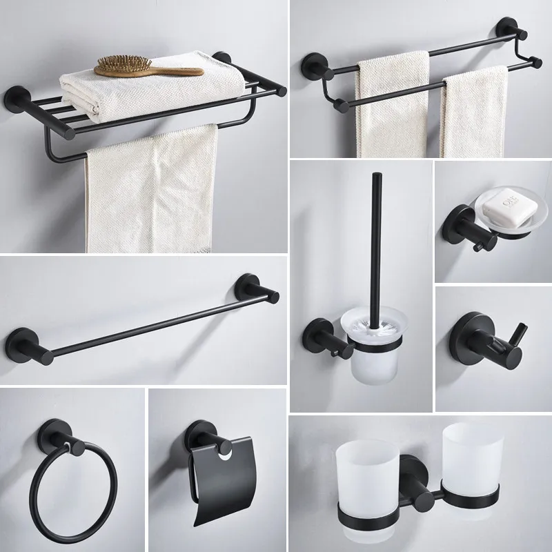 Bath Hardware Set 304 Stainless Steel Towel Rack Corner Shelf Paper Holder Toilet Brush Holder Robe Hook Nail Punched Black