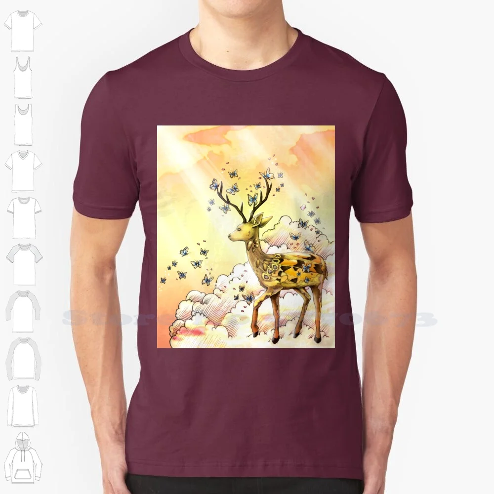 Dear 100% Cotton T-Shirt Deer Art Butterfly Hybrid Animal Graphite Drawing Deer Illustration Colorful Sunlight Bright Clouds