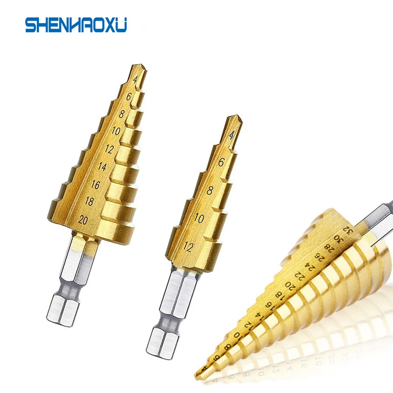 

HSS Step Drill Bit 4-12mm 4-20mm 4-32mm 1/4'' Hex Shank Core Stepped Drill Cone Cutt Tools For Woodworking Wood Metal