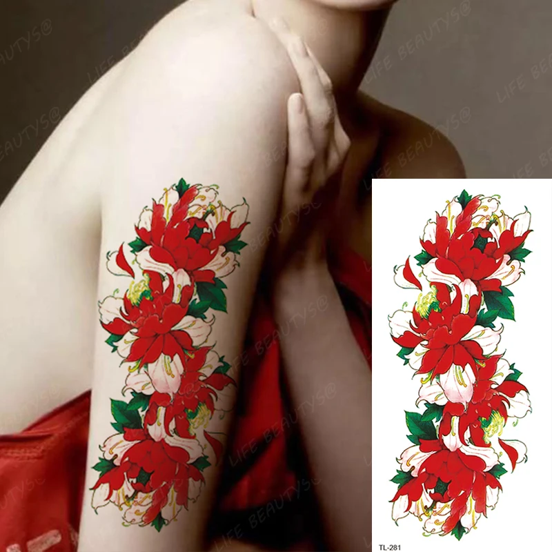 Beauty Colorful Flower Lotus Black Rose Waterproof Temporary Tattoo Body Art Arm Sleeve Water Transfer Fake Women Sticker