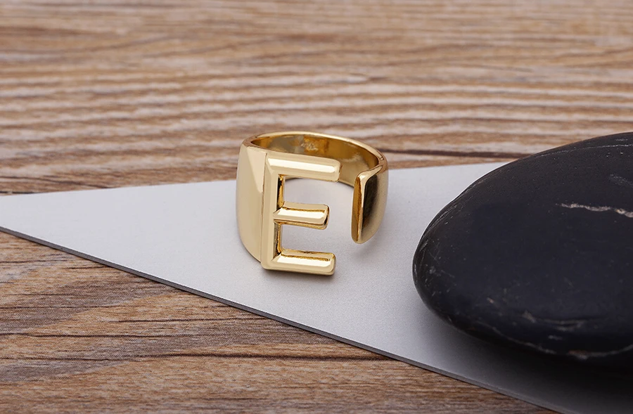 Trendy Hollow A-Z Letter Gold Color Adjustable Opening Ring Initials Name Alphabet Female Chunky Wide Party Wedding Jewelry