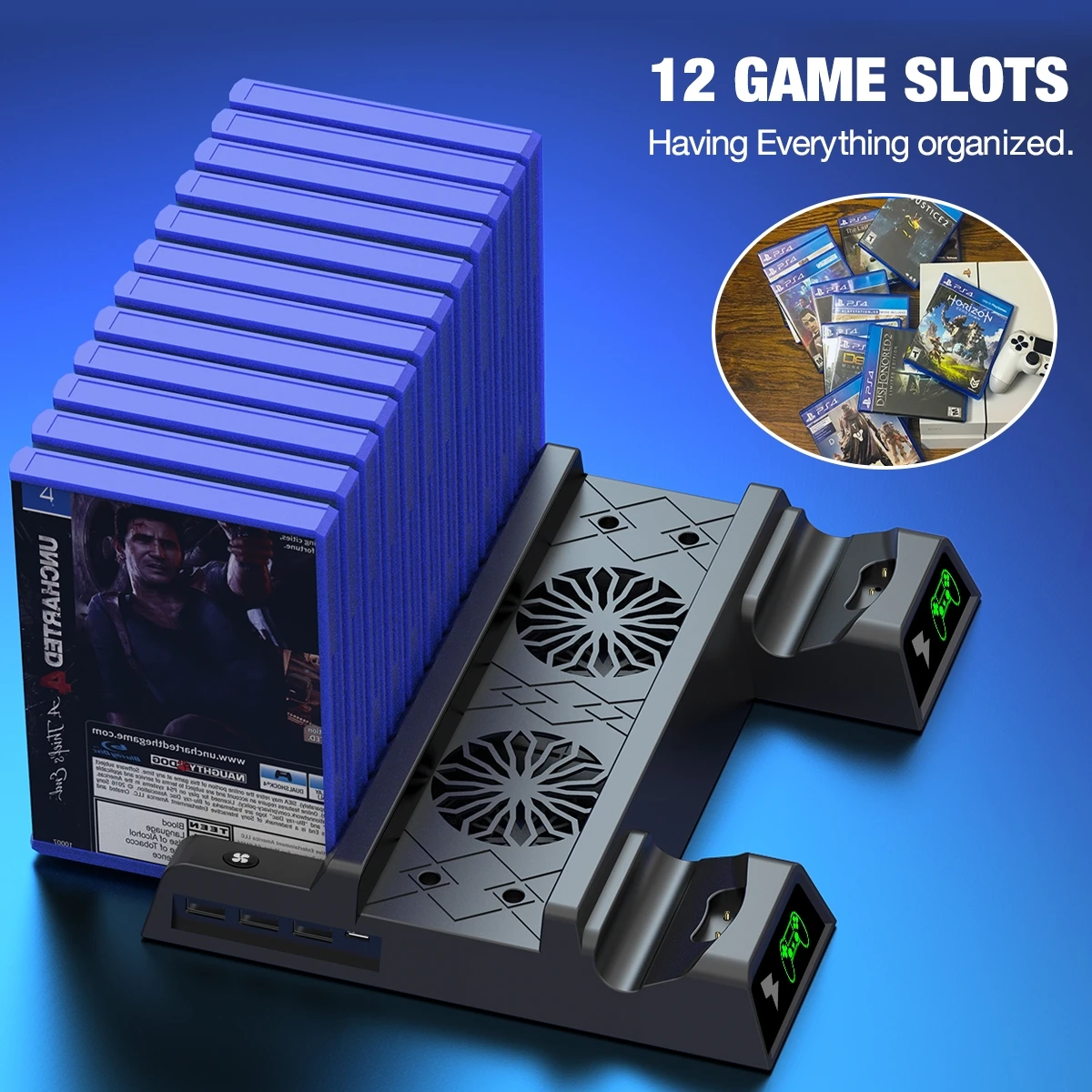 Suporte de ventilador de refrigeração para PS4, PS4 Slim, PS4 Pro, 2 Controladores Carregador, estação de carregamento para PS4 Playstation 4, Console Controller Stand