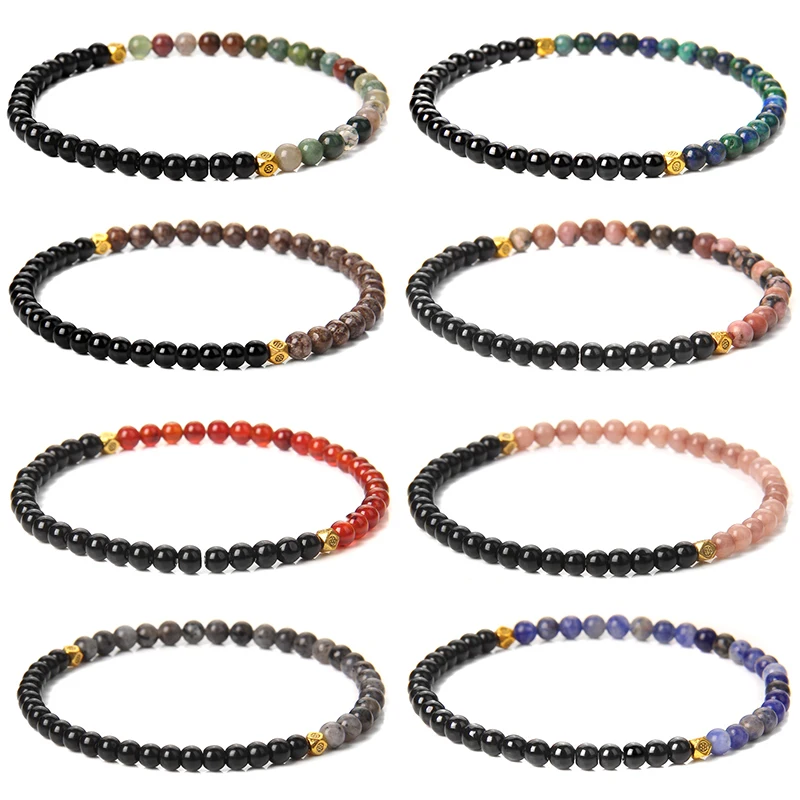 4mm Mini Natural Stone Bracelets For Women Men Rhodonite Sodalite Red Agat Black Onyx Gold Color Beads Bracelet Fashion Jewelry