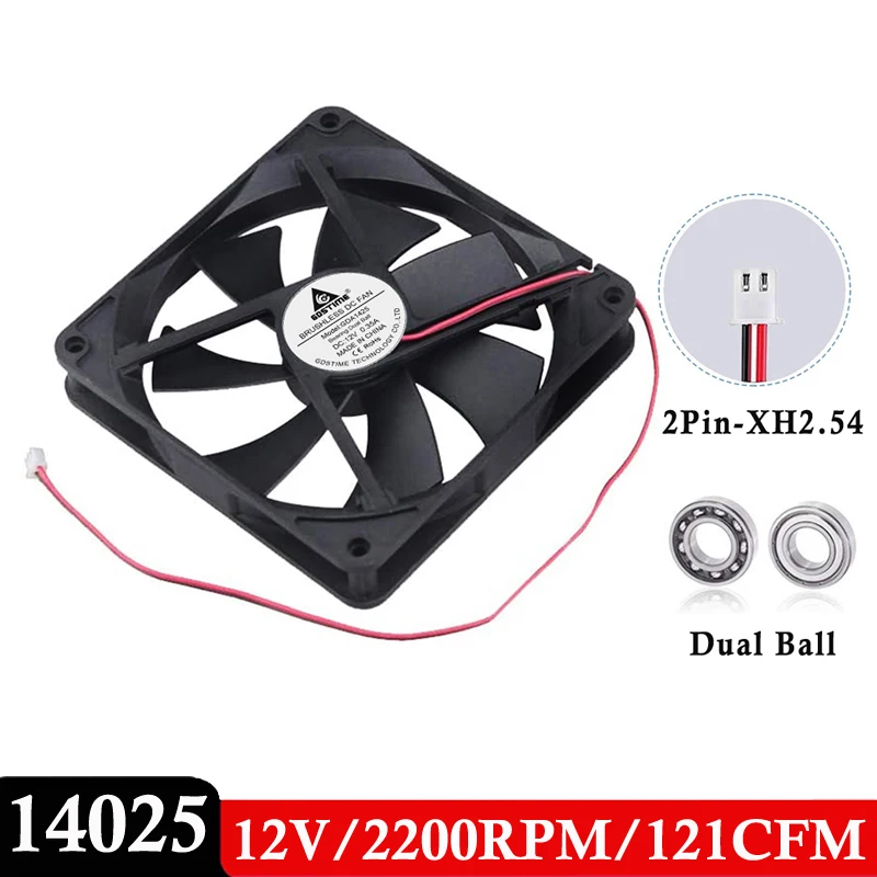 

2 PCS Gdstime 140x140x25mm 14025 DC 12V 2Pin 14cm 140mm Ball Bearing Computer Brushless PC CPU Ventilation Cooler Cooling Fan