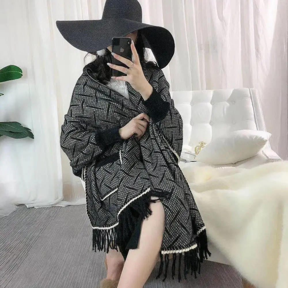 3 Style Women Winter Velvet Knitted Poncho Cape Female Batwing Sleeves Long Wrap Tassel Cardigan Out Streetwear With Pocket