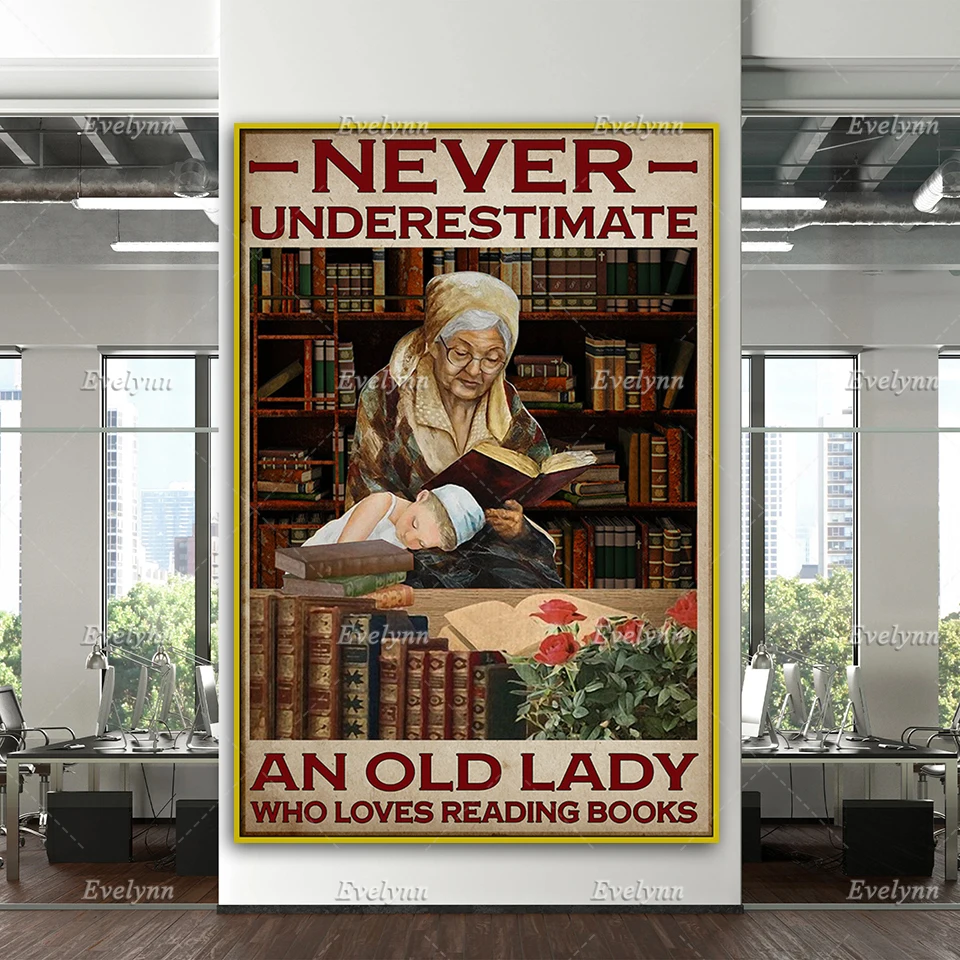 Never Underestimate Old Lady Who Loves Reading Books Poster,Enjoy Life,Lady And Small Girl, Home Decor Canvas Wall Art Prints