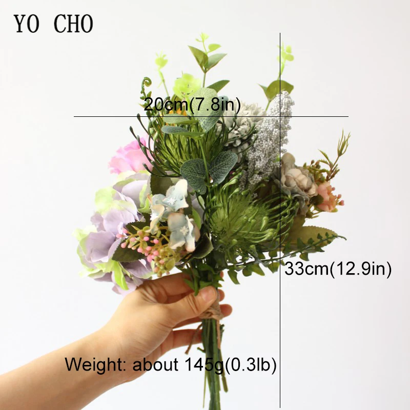 YO CHO – Bouquet de mariage artificiel en soie, fleur de lisianthe, demoiselle d'honneur, hortensia, Pompon, feuilles d'eucalyptus, fleur de mariage