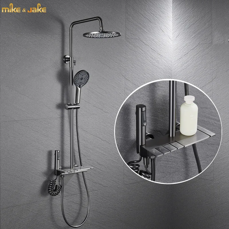 Piano key shower set gun Gray all copper cold and hot water mixing valve surface mounted pressurized shower bathroom nozzle