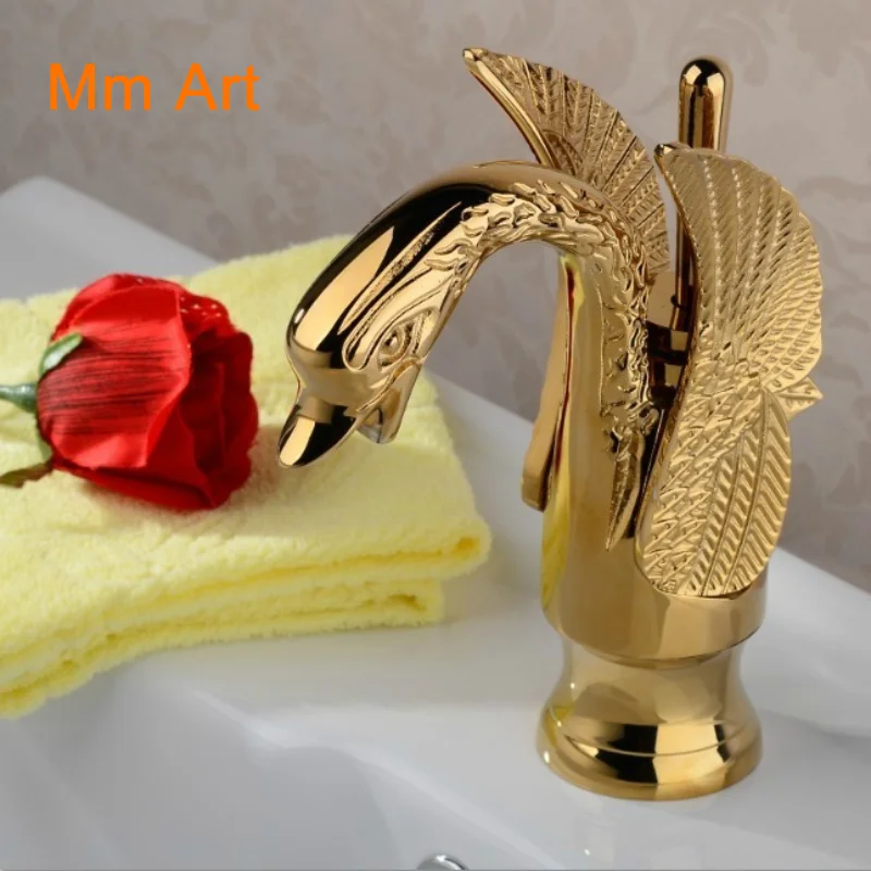 Antique gilded swan single tap hot and cold wash basin tap gold European-style table basin retro tap