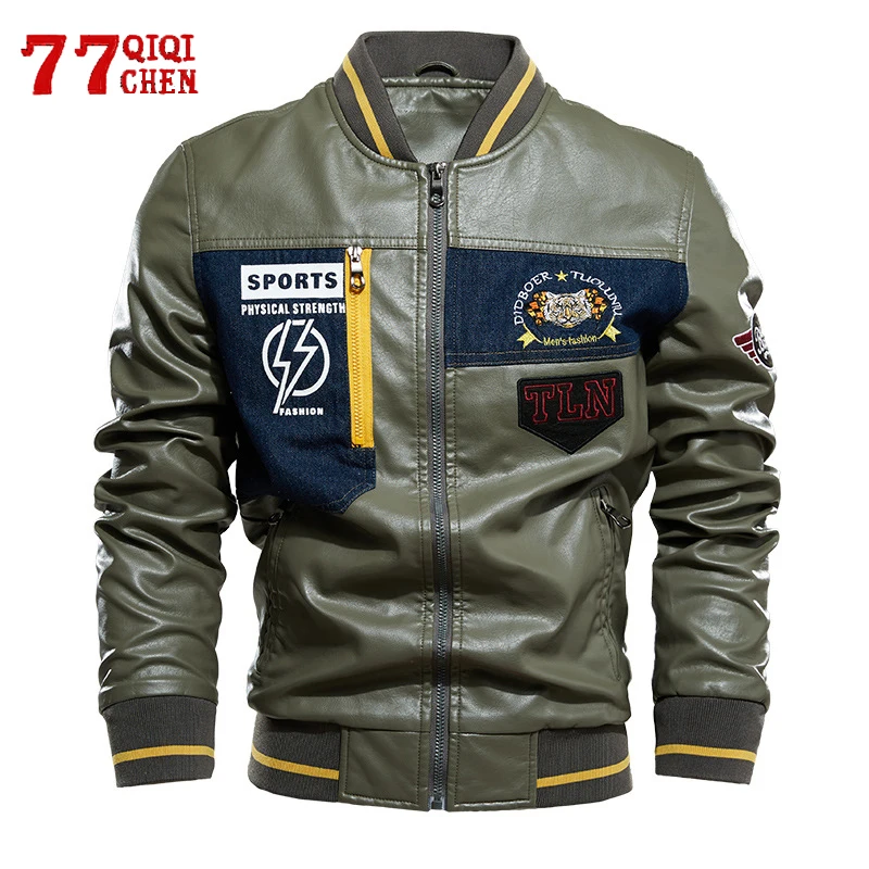 Embroidery Leather Jacket Men Winter Fleece Baseball Moto PU Jacket Male Stand Collar Casual Windbreaker chaquetas hombre Coat