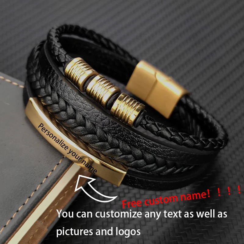 New Hot Sale Multi-Layer Stainless Steel Genuine Leather Bracelet For Mens Magnetic Clasp Bangles Office Accessories Jewelry