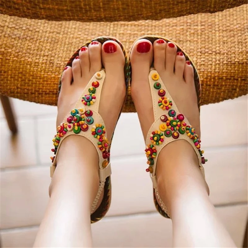 2024 Bohemian Women Sandals Beaded Slippers Summer Beach Sandals Women Flip Flops Ladies Flat Sandals Shoes