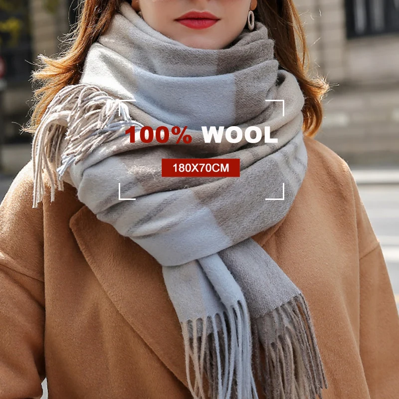 Winter 100% Lamb Wool Scarf Women Luxury Thicken Warm Shawls Wraps Checkered Pashmina Foulard Femme Plaid Cashmere Scarves