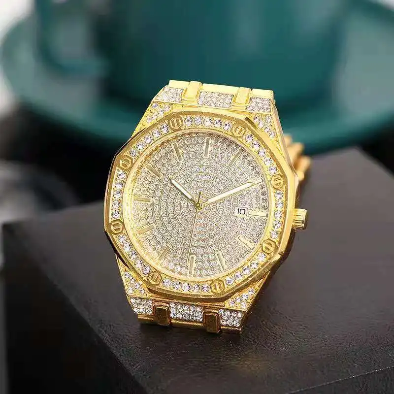 Iced Out Watch for Men Gold Watch Quartz Calendar Cool Watch Bling Bling Crystal Diamond Luxury Mens Watch Dropshipping Relogio