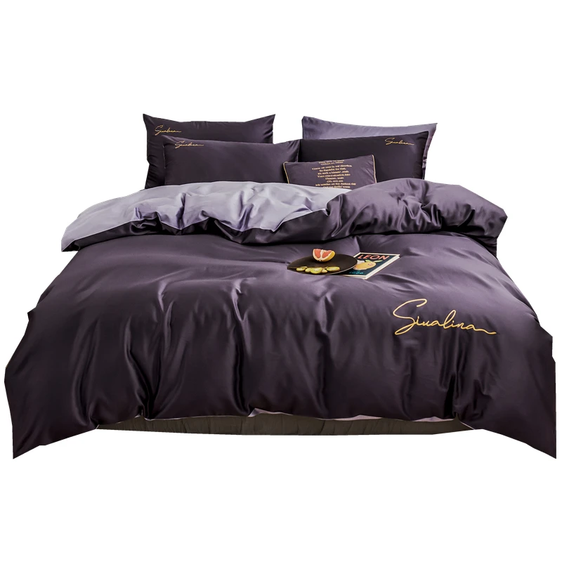 

2022 Four-piece Bedding Simple Cotton Double Household Bed Sheet Quilt Cover Embroidered Piping Comfortable Bedding Dark Purple