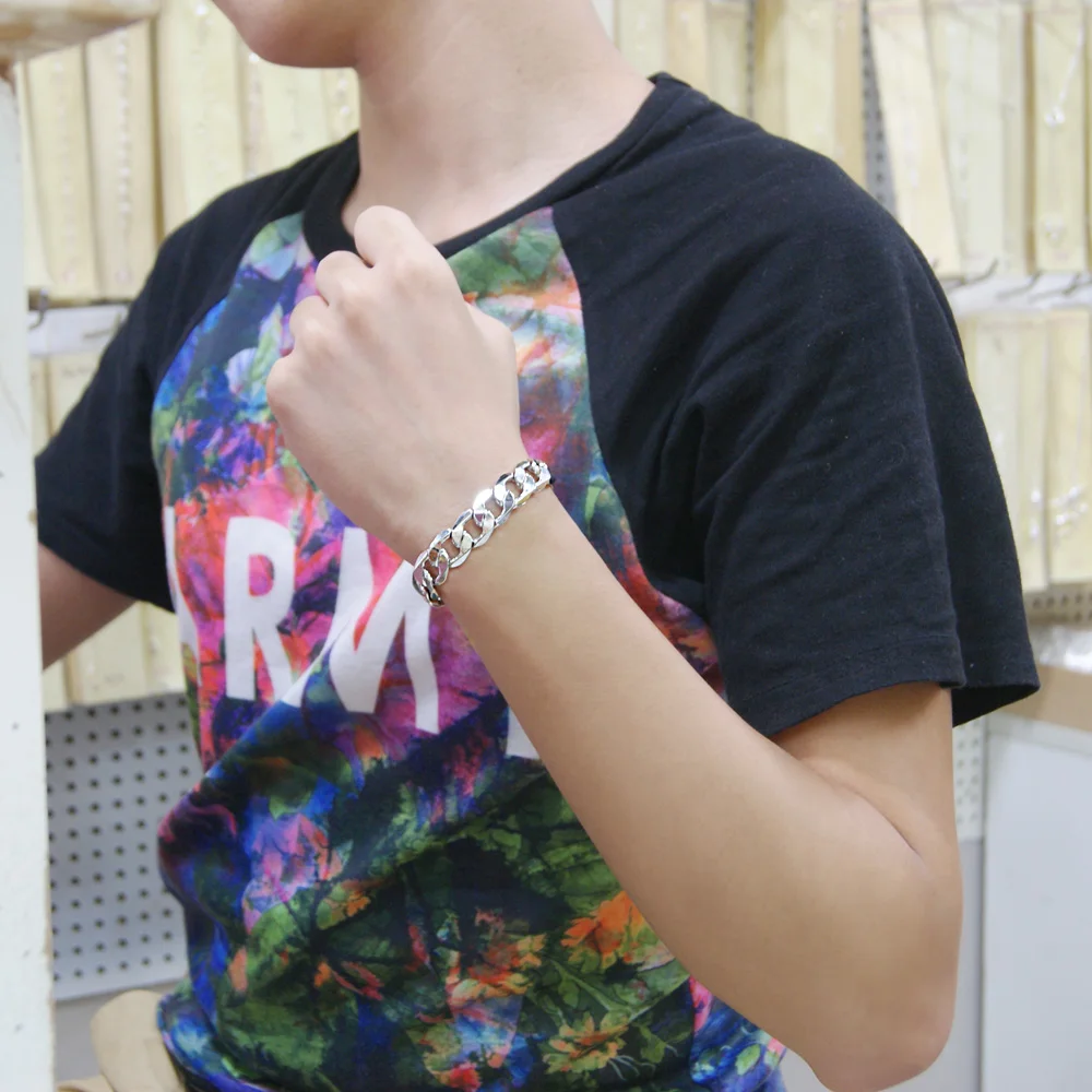 

925 Sterling Silver Bracelet Set Simple Vintage Cuban 12mm Wide Silver Color European And American Style Party Jewelry