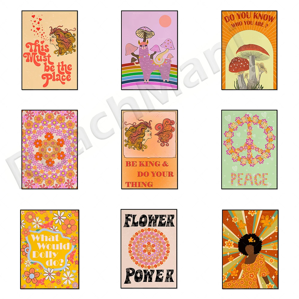 

Hippie 70s decoration, mushrooms, sun and moon, peace and love flower pattern, Groovy poster printing, retro color 70s wall deco