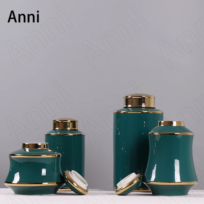 

Golden Stroke Ceramic Storage Jar with Lid Nordic Modern Peacock Green Flower Vases Ornaments Living Room Desktop Decoration