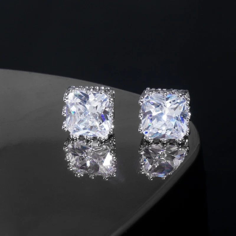 CWWZircons 2022 new design white gold color square crown 5A cubic zirconia big post stud earrings for women CZ029