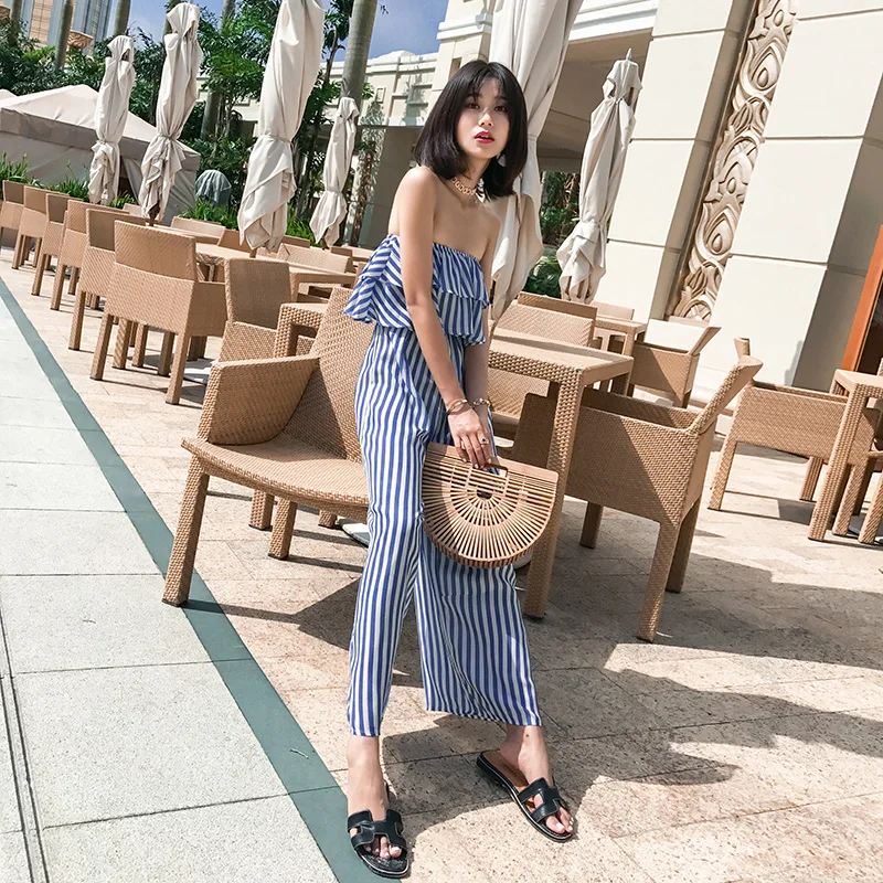 Ruffle Stripe Beach Jumpsuits Women 2021 Casual Simple Jumpsuit Holiday Off Shoulder Lotus Leaf Wide Leg Long Pants Playsuits