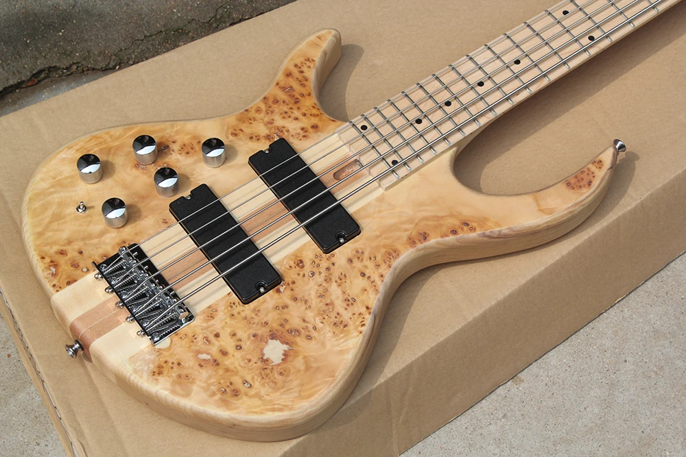 Left Handed 5 Strings Neck-thru-body Electric Bass Guitar with Bark Grain Veneer,Maple Fretboard,24 Frets