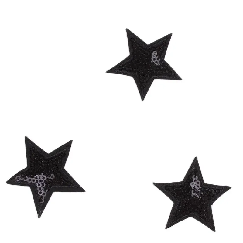 10pcs/lot Sequined Black Star Patch Iron On Stickers Embroidered Fabric Appliques DIY Sewing Garments Accessories Jeans Badge