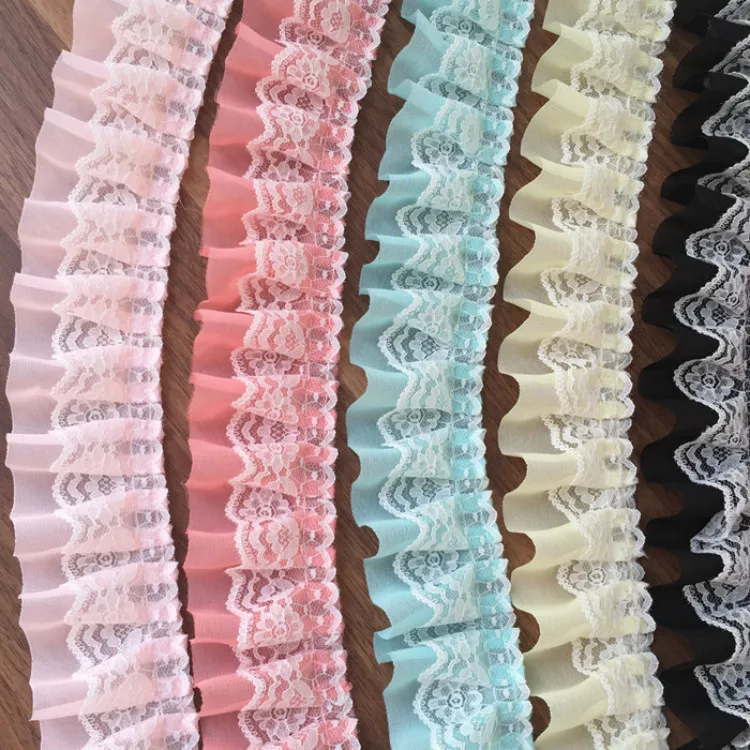 5CM Wide Multi Colors Pleated Chiffon Fold Lace Embroidered Ribbon Trim For Sewing DIY Crafts Child Garment Dress Hem Decor