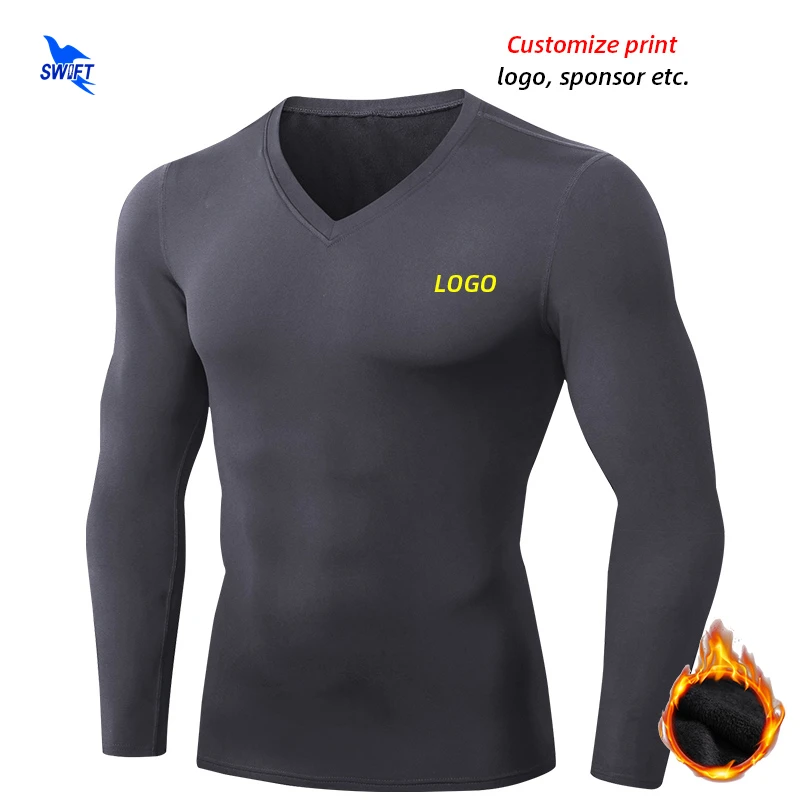 2020 Winter Thermal Fleece Long Sleeve Running T-Shirt Men Quick Dry Stretch V-Neck Gym Fitness Shirt Sportswear Top Tees Custom