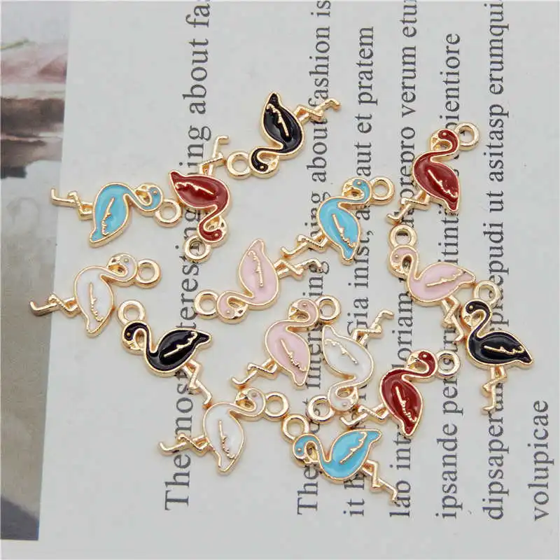 Julie Wang 10PCS Enamel Flamingo Charms Mixed 5 Colors Small Bird Animal Pendants Alloy Jewelry Making Accessory