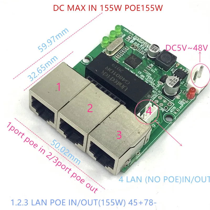 Reverse netzteil POE schalter POE IN/OUT5V/12V/24V/48V 155W/3 = 51,67 W 100mbps 802,3 BEI 45 + 78- DC5V ~ 48V abstand serie Kraft POE