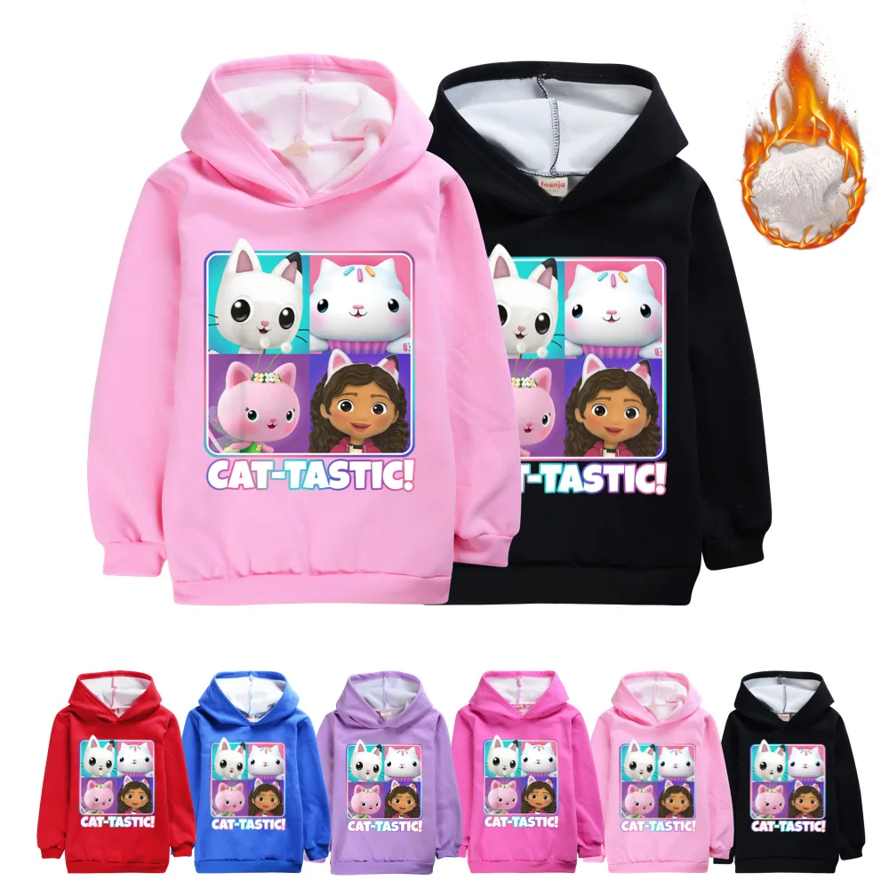 Kids Girls Gabby Cats Thicken Plush Jackets Fashion Boys Hoodies Long Sleeves Keep Warm Winter Clothes Cartoon Print Coats Tops