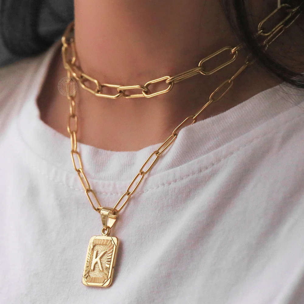 Initial Letter Pendant Necklace Set For Women Gold Color Paperclip Cable Link Chains Stainless Steel Monogram Jewelry LGP62B5