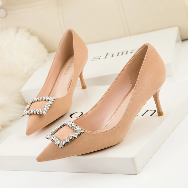 Sexy Korean Suede Women Pumps New Elegant Crystal Metal Buckle Women's High Heel Shoes Autumn Shallow Dress Office Shoe