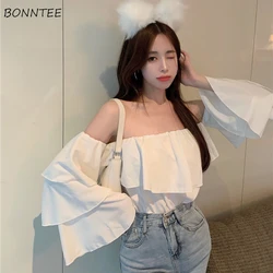 Sexy Blouses Women Camisa De Gasa Summer Thin Pure Color Slash Neck Leisure Folds Streetwear Ladies Korean Design Off Shoulder