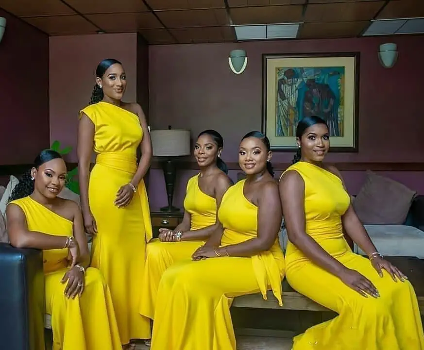 Hot Sale Yellow One Shoulder Mermaid Bridesmaid Dresses African Satin Prom Party Dress Pleats Long Formal Wedding Guest Gowns