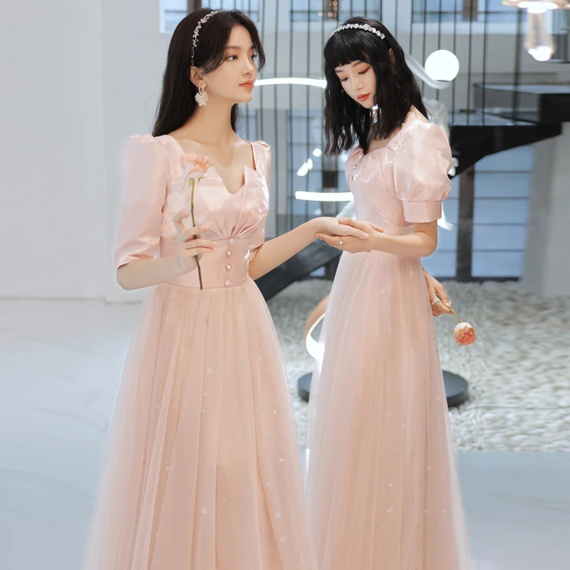 Romantic Sweetheart Collar Bridesmaid Dresses Pink Short Sleeve A-Line Daily Casual Dress Fashion Slim Wedding Guest Gown