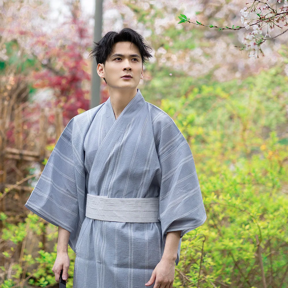 Traditional Japanese KIMONO Fashion YUKATA Summer Men Long Robes With Belt 95% Cotton Pajamas Set Male Sleepwear Bathrobe