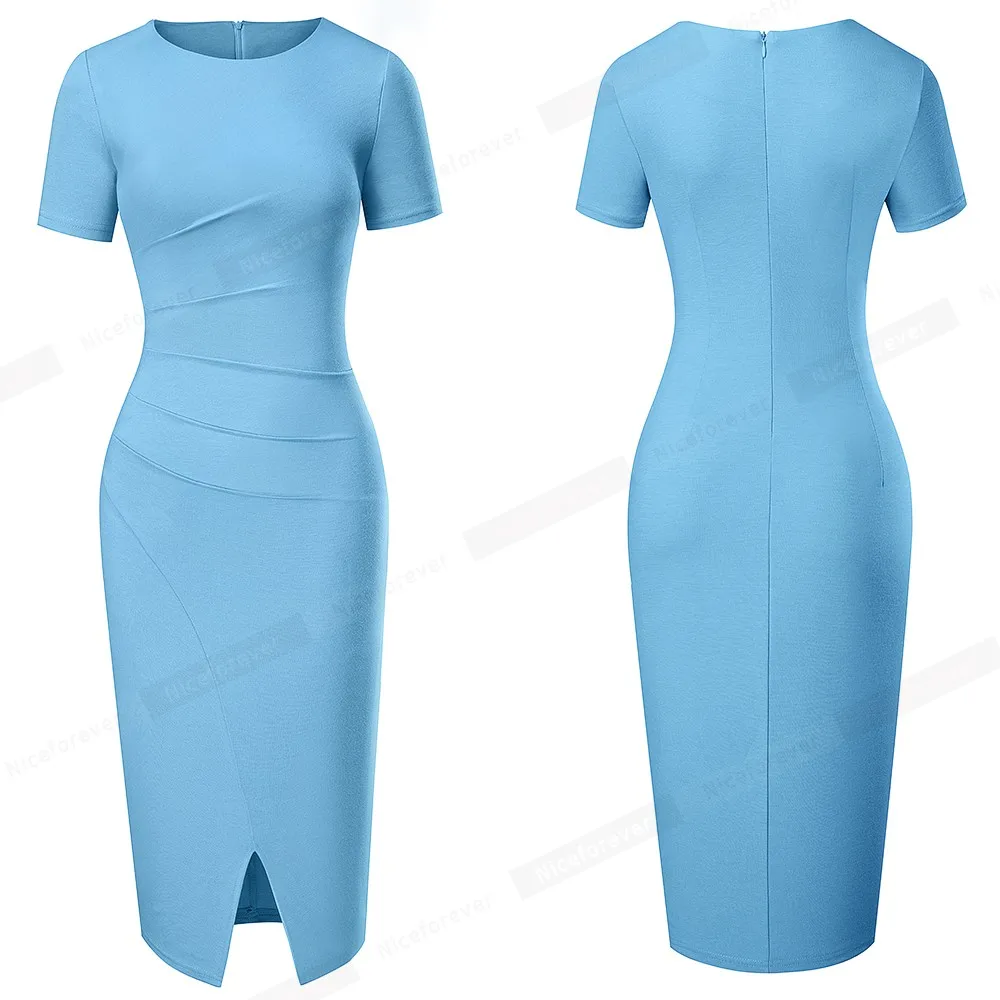 Nice-Forever Summer Women Pure Color Fashion Split Work Dresses Business Party Vintage Bodycon Dress B651