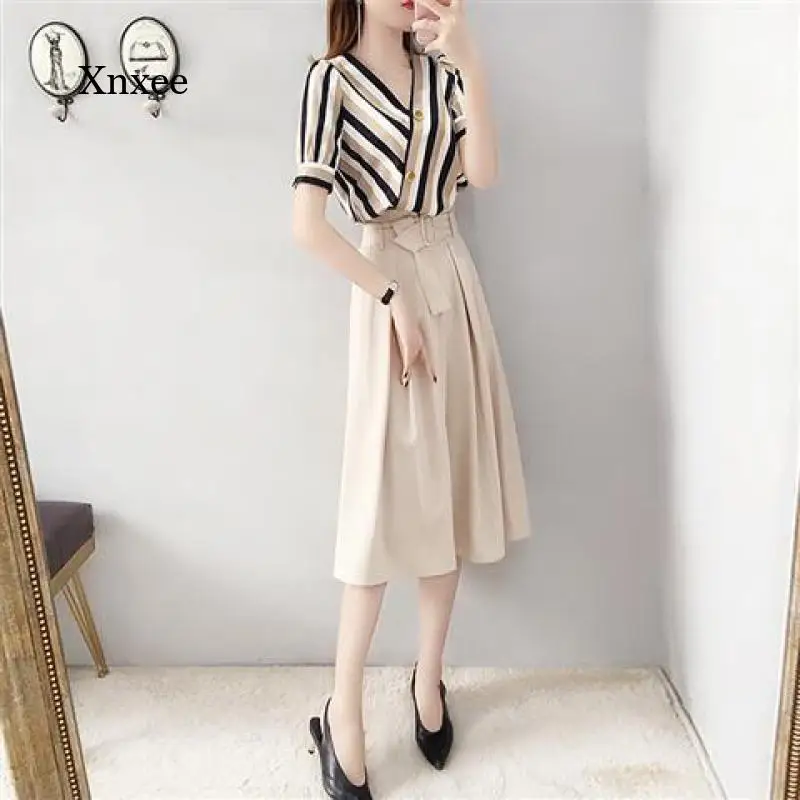 

2021 New Summer Fashion Striped Shirt + Stretch Chiffon Tight Casual Mid-Length Skirt 2-Piece Suit for Female Workers