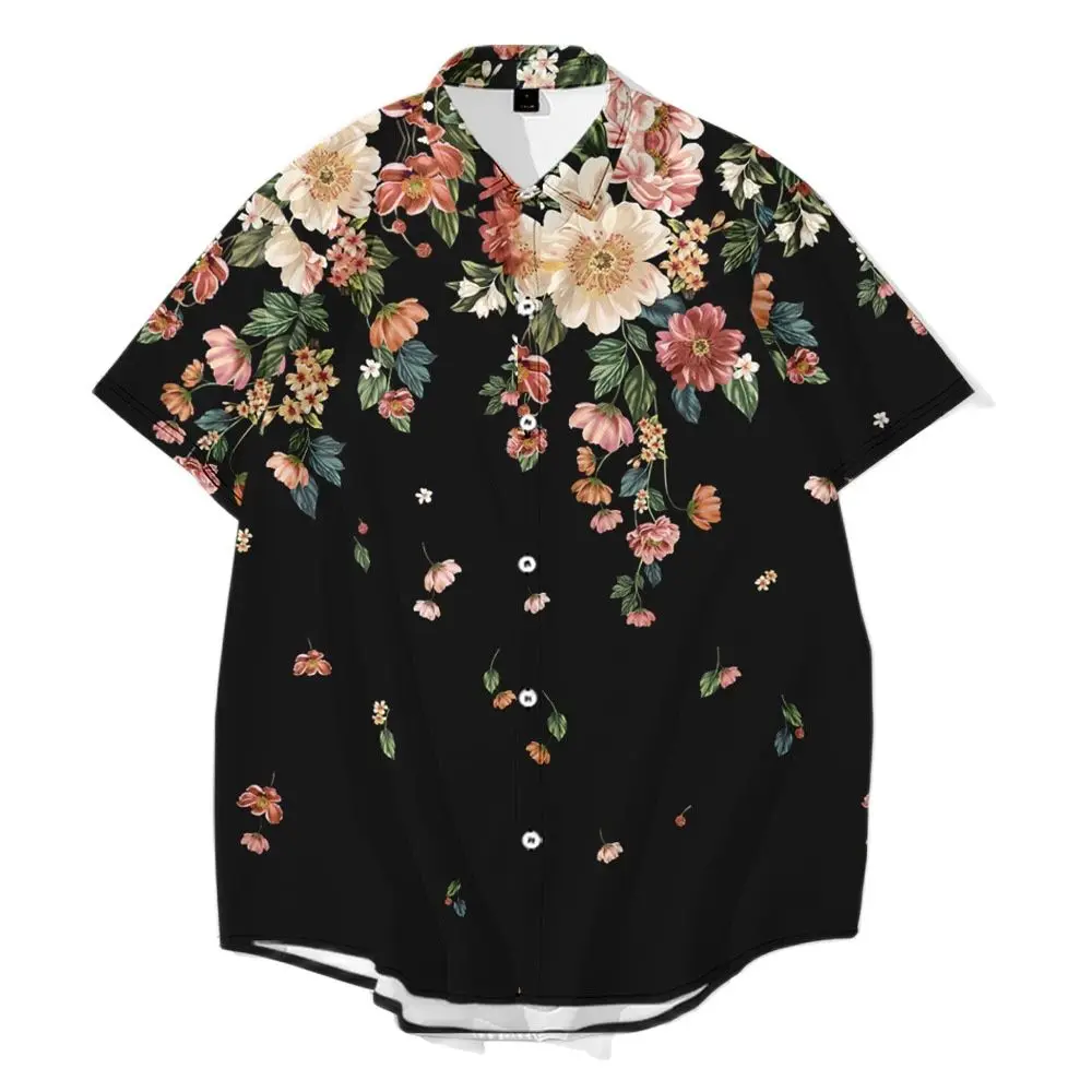 

Men Black Floral Printed Casual Loose Turn Down Collar Hot Sale Button Line Male Short Sleeve Holiday Shirts