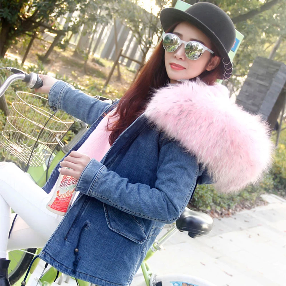 MAOMAOKONG authentic denim fur 100% oversized raccoon fur collar thick short jacket female winter