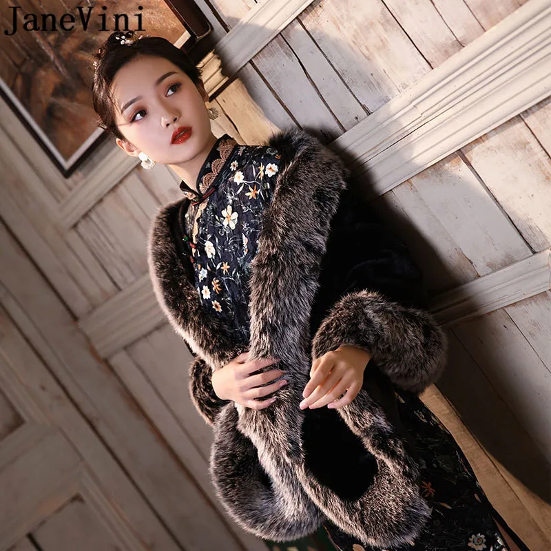 JaneVini Gray Fur Edge Jackets for Women Fashion Black Faux Fur Wraps Bridal Shawl Capes Winter Wedding Bolero Femme Stole Cloak