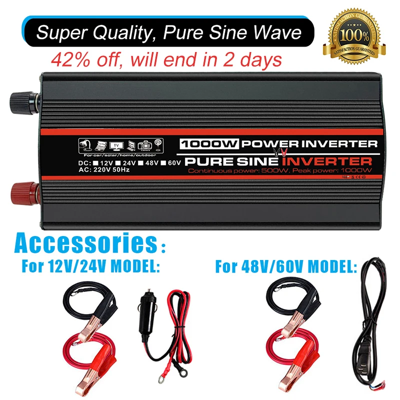 Pure Sine Wave Solar Power Inverter 12v 220v 24v/48v/60v To 220v 1000W/1800W/2000W LCD Display Univeral Socket Car Power Convert