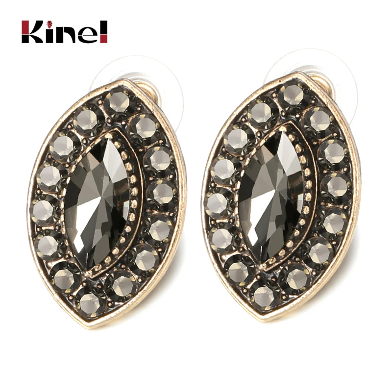 Kinel 2020 New Boho Gray Crystal Flower Big Stud Earrings For Women Antique Gold Vintage Wedding Fashion Turkish Jewelry