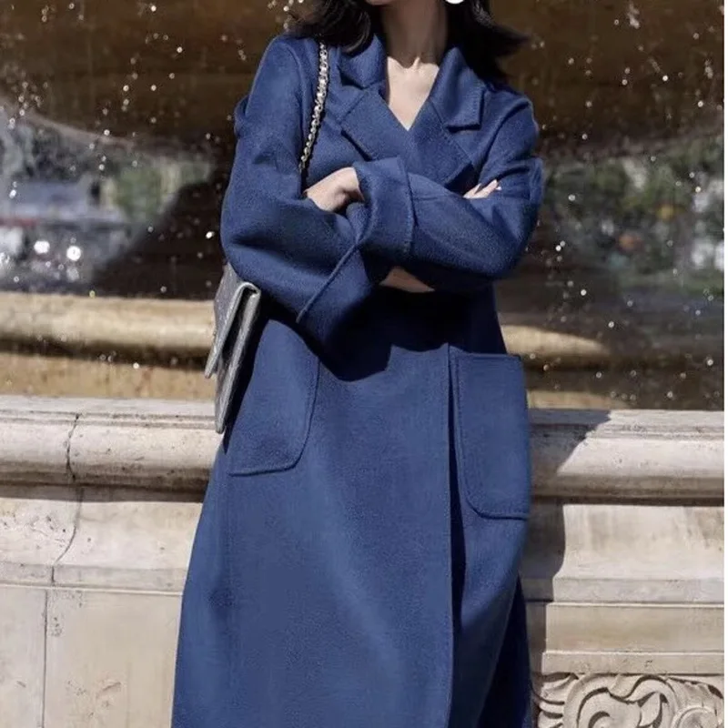 Winter Korean Popular High-end Water Corrugated Woolen Overcoat 2023 Fashion Long Bathrobe Style 100% Wool Jacket Coat Women